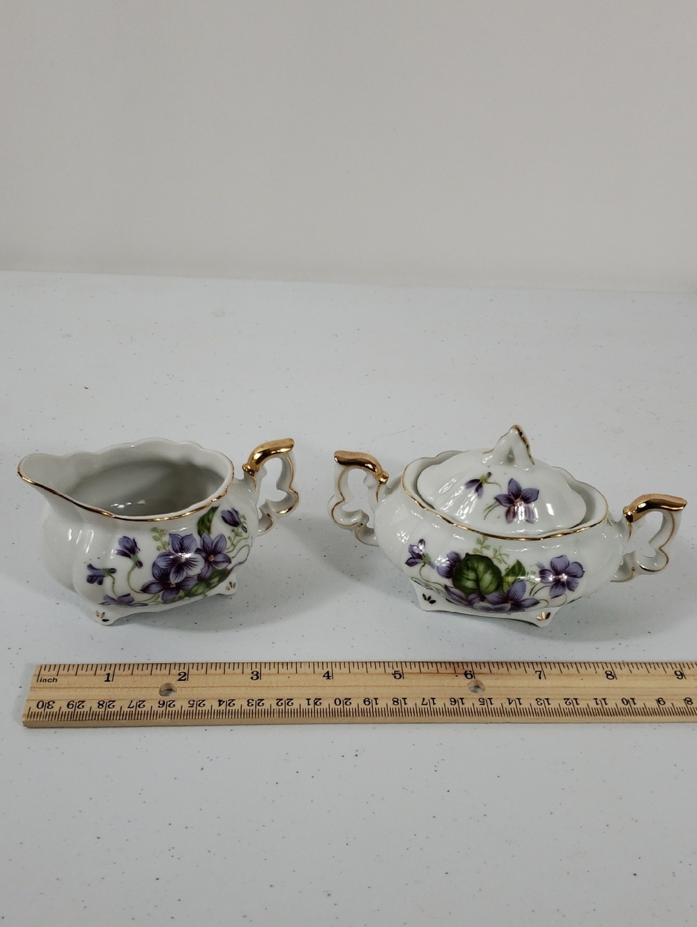 Porcelain Creamer and Sugar Bowl Set with Purple Violets 678V